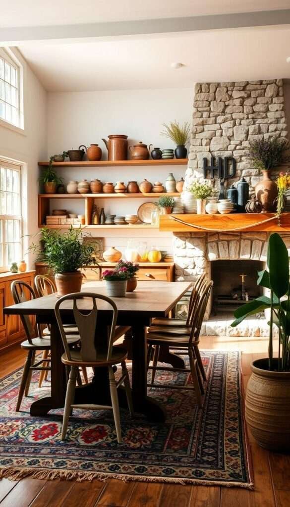 A bright, airy bohemian farmhouse kitchen bathed in warm, natural light streaming through large windows. The foreground features a rustic wooden dining table with mismatched vintage chairs, a worn oriental rug, and a lush potted plant. The middle ground showcases an eclectic mix of open shelving displaying an array of earthenware, copper pots, and glass jars. In the background, a stone or brick fireplace with a mantle adorned with dried flowers and herbs creates a cozy, lived-in ambiance. The overall atmosphere is one of eclectic charm, comfort, and a touch of whimsy.