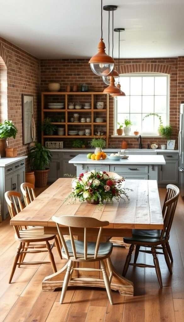 A bright, airy boho farmhouse kitchen with natural wood accents, distressed finishes, and rustic industrial touches. The foreground features a large farmhouse-style wooden table with mismatched vintage chairs, adorned with a loose, casual floral centerpiece. In the middle ground, a vintage-inspired kitchen island with a marble or butcher block countertop and open shelving displays earthy ceramics and potted plants. The background showcases exposed brick walls, warm pendant lighting, and a large window that floods the space with soft, diffused natural light, creating a serene, welcoming atmosphere.