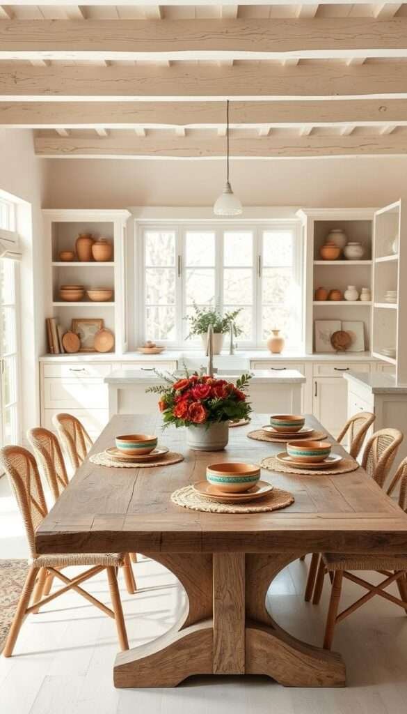 A bright, airy boho kitchen in shades of white, cream, and beige. The foreground features a large, rustic wood dining table surrounded by natural fiber chairs. Colorful ceramic dishes, handwoven placemats, and a lush floral centerpiece add pops of earthy hues. The middle ground showcases a minimalist kitchen counter with a sleek white sink and a potted plant. The background reveals whitewashed wood cabinets, open shelves displaying earthenware, and a large window flooding the space with warm, diffused sunlight. The overall atmosphere is serene, inviting, and infused with a calming, organic color palette.