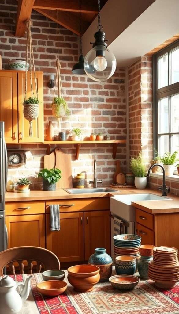 A bright, airy boho kitchen on a budget. Warm wooden cabinets, butcher block counters, and a farmhouse-inspired sink set against a backdrop of exposed brick walls. Macrame plant holders and a vintage-inspired pendant light create a cozy, inviting atmosphere. In the foreground, a mix of colorful ceramic dishware and textiles add pops of pattern and texture. Soft, diffused natural light filters in through large windows, casting a golden glow over the entire scene. The overall impression is one of effortless, bohemian style achieved through thoughtful, budget-conscious design choices.