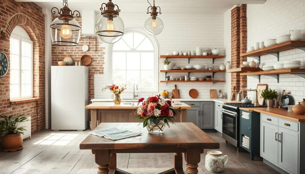 A bright, airy boho kitchen with a mix of modern, farmhouse, and industrial elements. In the foreground, a vintage-inspired chandelier casts a warm glow over a rustic wooden table, adorned with a vibrant floral centerpiece. The middle ground features a sleek, white subway-tiled backsplash, complemented by industrial-style open shelving displaying an eclectic array of ceramics and cookbooks. In the background, a large, arched window allows natural light to flood the space, accentuating the exposed brick walls and weathered wood floors. The overall atmosphere is one of relaxed, eclectic charm, capturing the essence of a modern boho kitchen.