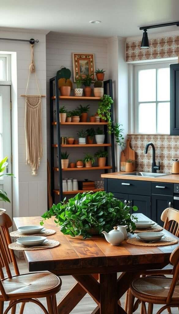 A bright, airy boho kitchen with warm, earthy tones and natural textures. In the foreground, a rustic wooden table is set with a woven placemats, ceramic dishes, and a lush, greenery-filled centerpiece. The middle ground features a shiplap-clad wall adorned with macrame wall hangings, a wooden shelving unit displaying an array of potted plants and vintage-inspired decor. Soft, diffused lighting filters in through a large window, casting a cozy glow throughout the space. The background showcases a tile backsplash in an intricate Moroccan-inspired pattern, complemented by sleek black cabinetry. The overall atmosphere evokes a inviting, lived-in charm, perfect for a renter-friendly boho kitchen upgrade.