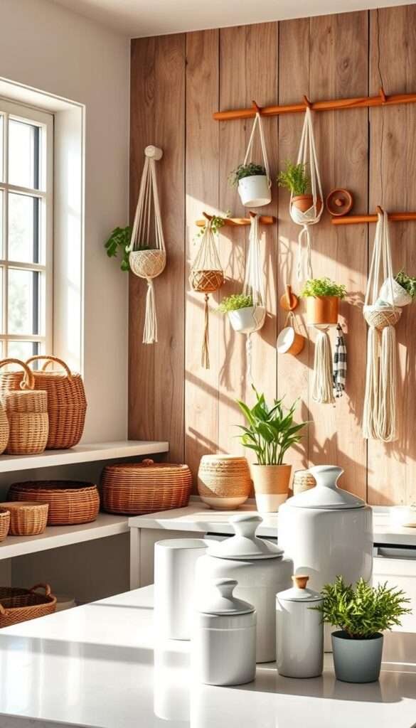 A bright, airy boho-style kitchen with warm, natural lighting shining through large windows. In the foreground, a set of woven baskets of varying sizes and textures are arranged artfully on open shelving, complementing the neutral color palette. In the middle ground, sleek white ceramic canisters and jars stand elegantly on the countertop, accented by a few potted plants. The background features a rustic wooden wall, adorned with an assortment of macrame plant hangers and wooden wall hooks, creating a visually striking and functional storage solution.