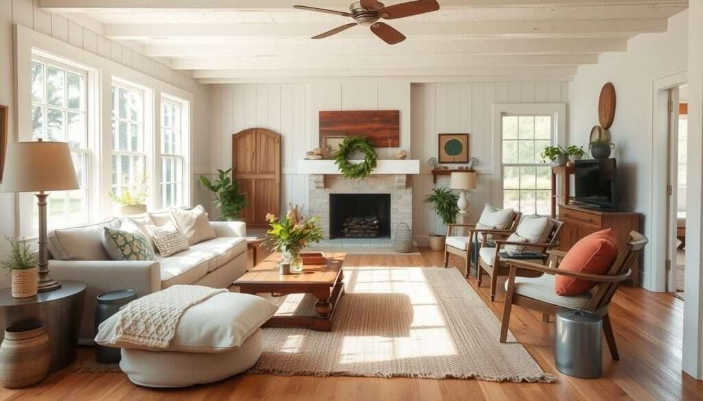 A bright, airy farmhouse living room with a warm, inviting color palette. Soft white walls, complemented by natural wood tones and rustic metal accents. Sunlight streams through large windows, casting a gentle glow on the space. A plush area rug in earthy tones grounds the room, while a mix of vintage and modern furnishings create a cohesive, lived-in feel. Pops of greenery and natural textures add depth and visual interest. The overall atmosphere is one of comfort, authenticity, and a touch of whimsy - a space that seamlessly blends the pastoral and the contemporary.
