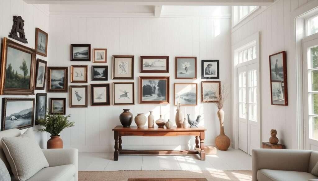 A bright, airy farmhouse living room with white walls adorned with vintage art pieces. The foreground features a gallery wall showcasing a mix of framed paintings, sketches, and black-and-white photographs in ornate vintage frames. The middle ground has a rustic wooden bench or console table serving as a display for more vintage finds, like ceramic vases, candles, and small sculptures. Soft, natural lighting filters in through large windows, casting a warm, inviting glow throughout the space. The overall atmosphere is one of timeless elegance and refined simplicity, evoking the charm of a cozy, well-curated farmhouse interior.