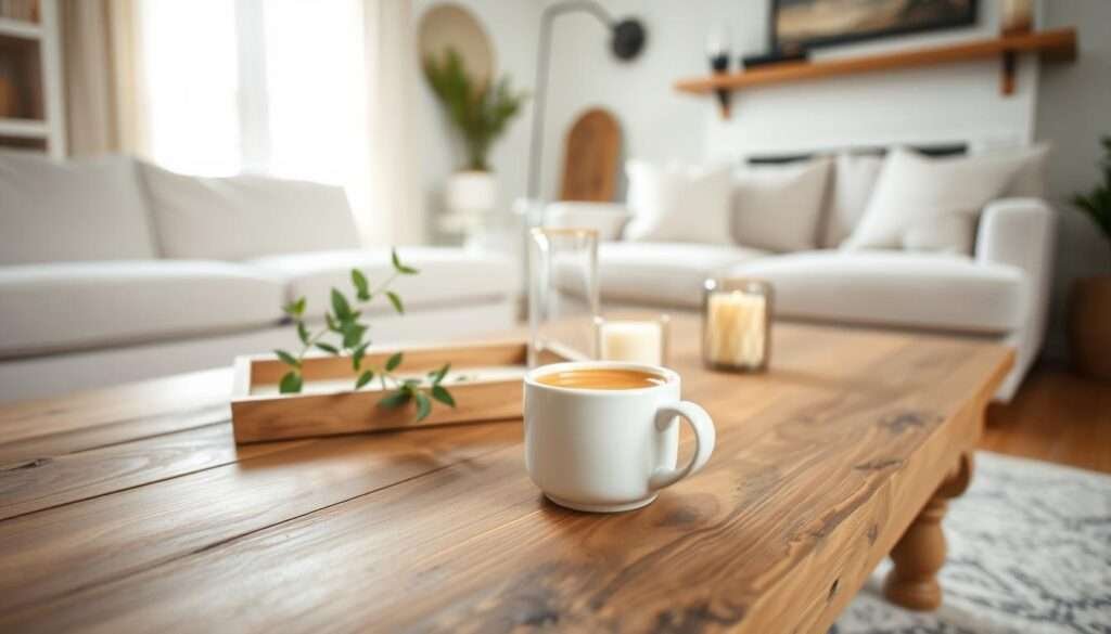 A bright, airy farmhouse-style living room with a rustic wooden coffee table, styled with a latte in a white ceramic mug, surrounded by a vignette of natural elements - a sprig of greenery, a small wooden tray, and a vintage-inspired candle. The lighting is soft and diffused, creating a warm, inviting atmosphere. The camera angle captures the scene from a slightly elevated perspective, highlighting the textures and details of the carefully curated tableau.