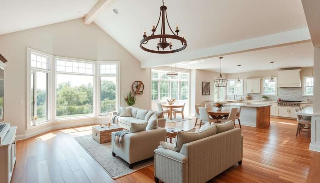 A bright, airy farmhouse-style living room with ample natural lighting and clear sightlines. The room features warm wooden floors, neutral-toned furnishings, and a large bay window that overlooks a lush, verdant landscape. A cozy seating arrangement is positioned to provide a clear view of the adjacent dining area and partially visible kitchen. Overhead, a rustic, wrought-iron chandelier casts a soft, ambient glow, complementing the room's relaxed, inviting atmosphere. The scene is captured with a wide-angle lens to showcase the seamless flow between the interconnected spaces, emphasizing the thoughtful placement and integration of the living, dining, and kitchen areas.