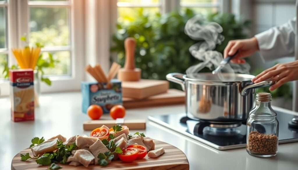 A bright, airy kitchen counter with a stainless steel pot simmering on the stove, steam rising. In the foreground, a wooden cutting board with sliced chicken, fresh herbs, and tomatoes. Beside it, a box of spaghetti noodles and a glass jar of spices. The middle ground shows a chef's hands expertly stirring the pot, while the background features a window overlooking a lush, green garden. Warm, diffused lighting creates a cozy, inviting atmosphere, hinting at the delicious meal to come.