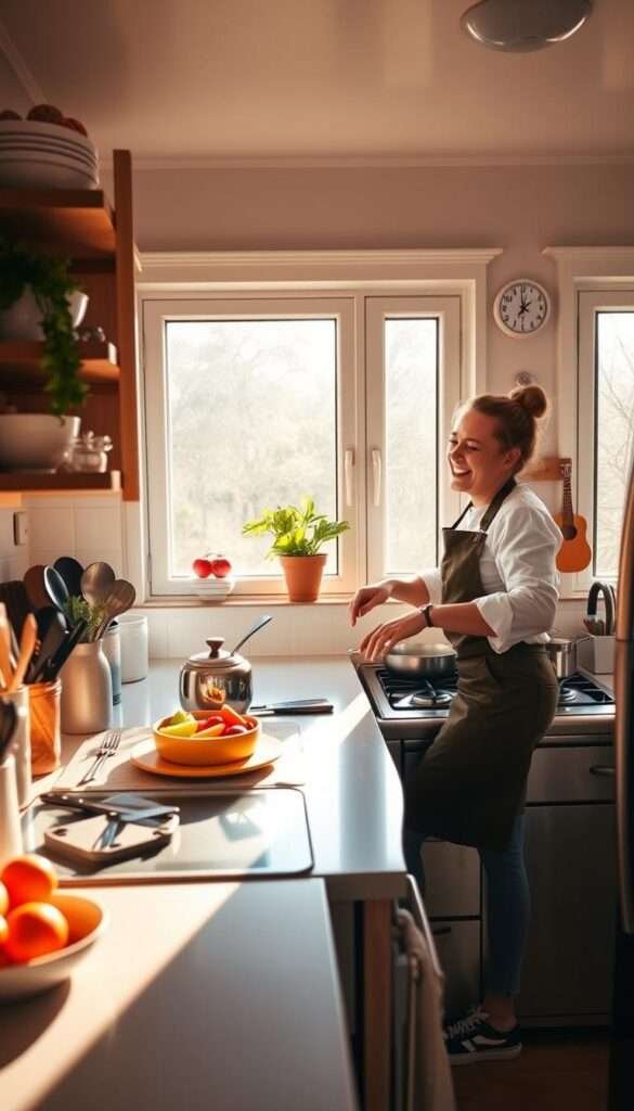 A bright, airy kitchen filled with natural light cascading through large windows, illuminating a well-organized space. A joyful home chef, humming along to upbeat music, expertly prepares a delightful meal on a compact but highly efficient stovetop and countertops. Gleaming utensils, colorful ingredients, and cheerful decor create a sense of harmony and delight. The kitchen's small footprint is maximized through clever storage solutions and a thoughtful layout, allowing the chef to move with ease and efficiency. Warm, golden tones and a cozy atmosphere reflect the satisfying experience of cooking in this tiny, yet vibrant space.
