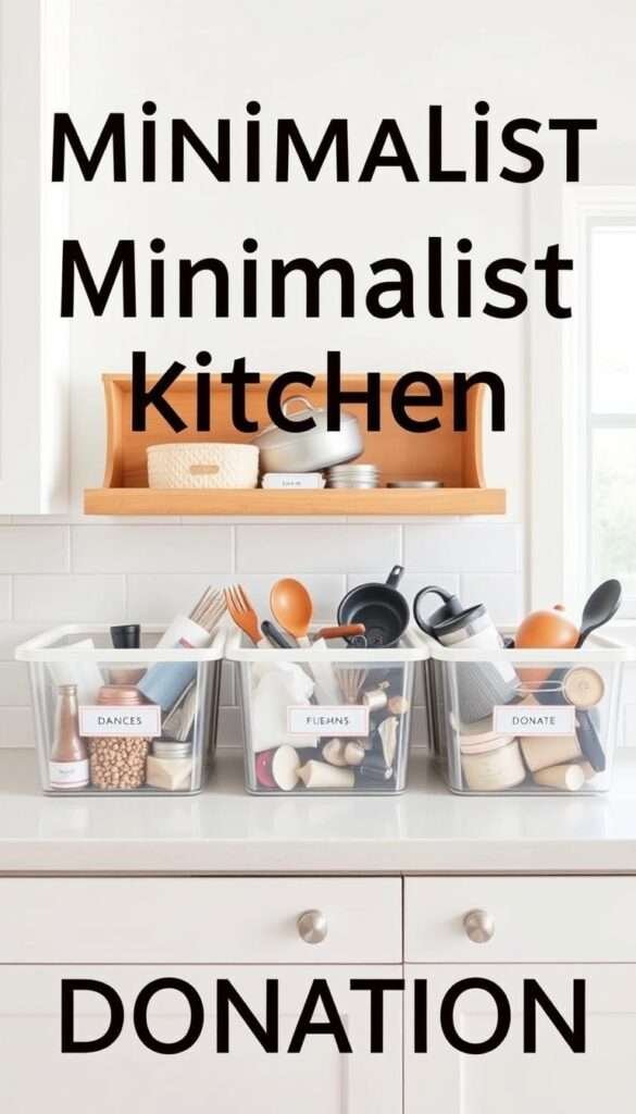 A bright, airy kitchen setting with neatly labeled storage bins containing an assortment of kitchen items ready for donation. The bins are arranged on a clean, minimalist countertop, each bin clearly marked with the contents - spices, utensils, cookware, etc. Soft, natural lighting illuminates the scene, highlighting the streamlined organization and decluttered aesthetic. The overall mood is one of simplicity, efficiency, and a sense of purposeful minimalism, in line with the article's focus on creating a minimalist kitchen that maximizes space.