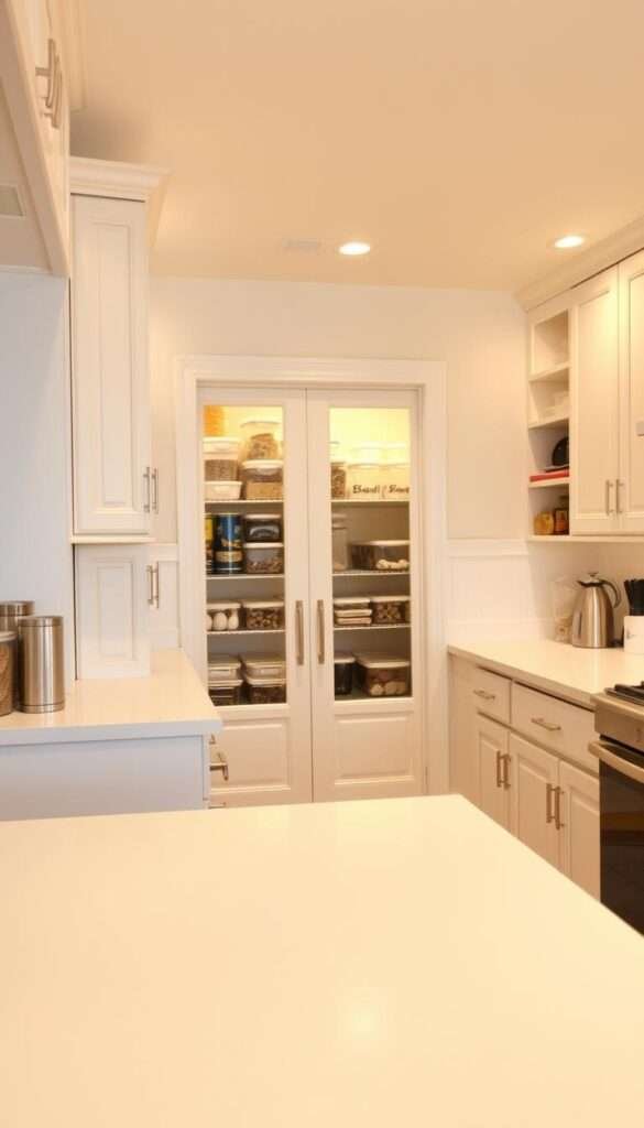 A bright, airy kitchen with a clean, organized appearance. In the foreground, the countertop is meticulously clean, with a few essential items neatly arranged. In the middle ground, the cabinets and drawers are closed, showcasing a sense of order. The background features a well-stocked pantry, with items stored in clear containers and labeled for easy identification. Warm, diffused lighting illuminates the scene, creating a calming, inviting atmosphere. The image captures the essence of a kitchen that has been thoroughly reset, with attention to detail and a commitment to maintaining a functional, organized space.