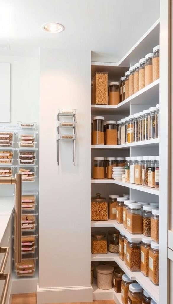 A bright, airy kitchen with a meticulously organized pantry. Rows of clear, stackable containers line the shelves, each neatly labeled and filled with dry goods. A set of modern, minimalist spice racks grace the walls, their contents displayed in uniform glass jars. Soft, warm lighting from overhead fixtures casts a gentle glow, highlighting the clean, minimalist aesthetic. The pantry's layout is efficient and intuitive, with easy-to-reach shelves and thoughtful, space-saving design. This harmonious scene embodies the perfect blend of function and style, transforming a small kitchen into a showcase of clever storage solutions.