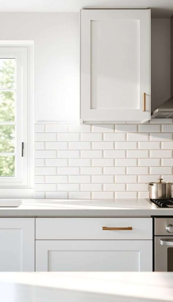 A bright, airy kitchen with a sleek, modern white subway tile backsplash. The tiles are arranged in a classic running bond pattern, with crisp, matte gray grout lines highlighting the clean, minimalist aesthetic. Soft, diffused natural lighting from large windows bathes the space, creating a warm, inviting atmosphere. The backsplash extends from the countertop to the bottom of the upper cabinets, seamlessly integrating with the overall Scandinavian design. The image is captured at a slight angle, showcasing the subtle texture and depth of the tiled surface.