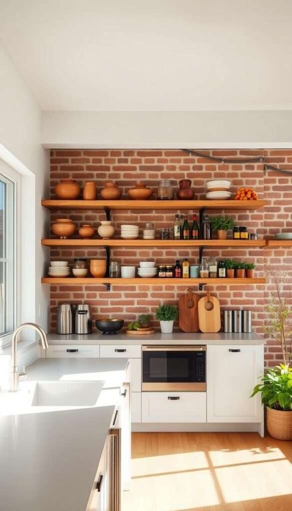 A bright, airy kitchen with an open shelving transformation. The foreground features a sleek, modern kitchen counter with minimalist white cabinets and a large central window, letting in natural light. The middle ground showcases a set of floating wooden shelves displaying an array of carefully curated kitchen items - from earthenware pots to artfully arranged spices and herbs. The background depicts a warm, inviting atmosphere with exposed brick walls and a touch of greenery, creating a harmonious, rustic-chic ambiance. The scene is captured with a wide-angle lens, emphasizing the sense of space and the seamless integration of the open shelving solution. The overall mood is one of effortless sophistication and functional beauty.