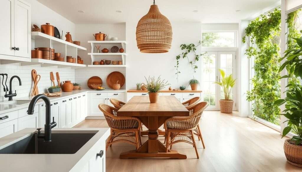 A bright, airy kitchen with clean, modern lines and a warm, layered boho aesthetic. The foreground features a large, farmhouse-style sink with matte black fixtures, surrounded by white shaker cabinets and open shelving displaying an eclectic mix of earthenware, copper pots, and woven baskets. The middle ground showcases a long, wooden dining table with rattan dining chairs, accented by a large, pendant light fixture made of natural materials. In the background, a large window floods the space with natural light, revealing a lush, green plant wall, adding to the earthy, calming ambiance. The overall mood is one of balance between sleek minimalism and cozy, textural richness.