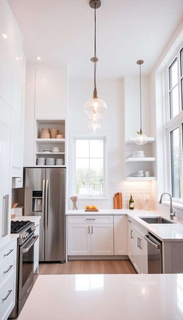 A bright, airy kitchen with clean vertical storage solutions. Sleek, modern cabinets stretch up to the ceiling, maximizing the space. Minimalist open shelves display neatly organized items, creating a sense of order. Pendant lights cast a warm glow, illuminating the pristine countertops and backsplash. Large windows flood the room with natural light, making the clutter-free layout feel expansive and tranquil. Stainless steel appliances gleam, complementing the neutral color palette. This inviting space embodies the freedom and serenity of a well-designed, decluttered kitchen.