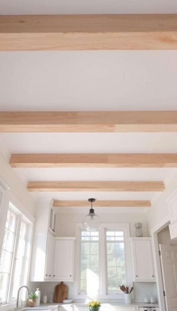 A bright, airy kitchen with crisp white walls and natural wood beams overhead. The DIY beams, freshly whitewashed, create a rustic, farmhouse-inspired aesthetic that enhances the builder-grade ceiling. Soft, diffused sunlight streams through large windows, casting a warm glow on the space. The wooden beams, positioned at regular intervals, draw the eye upward, adding visual interest and a sense of coziness. The clean, minimal design contrasts pleasantly with the textural, weathered appearance of the beams, creating a balanced, inviting atmosphere perfect for a comfortable, homey kitchen.