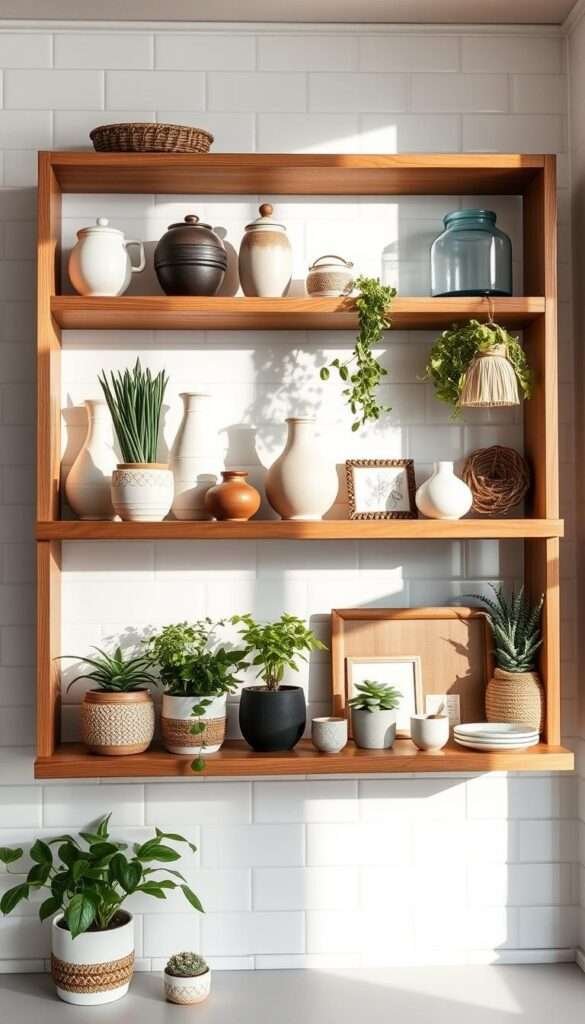 A bright, airy kitchen with open wood shelving displaying an eclectic mix of ceramic, glass, and woven decor pieces. The shelves are positioned against a white tiled wall, casting soft shadows and reflecting natural light. Potted plants and fresh herbs add pops of verdant color, while small framed art pieces and handcrafted accessories create a cozy, boho-inspired aesthetic. The overall composition balances function and style, showcasing how open shelving can elevate both storage and display in a kitchen space.