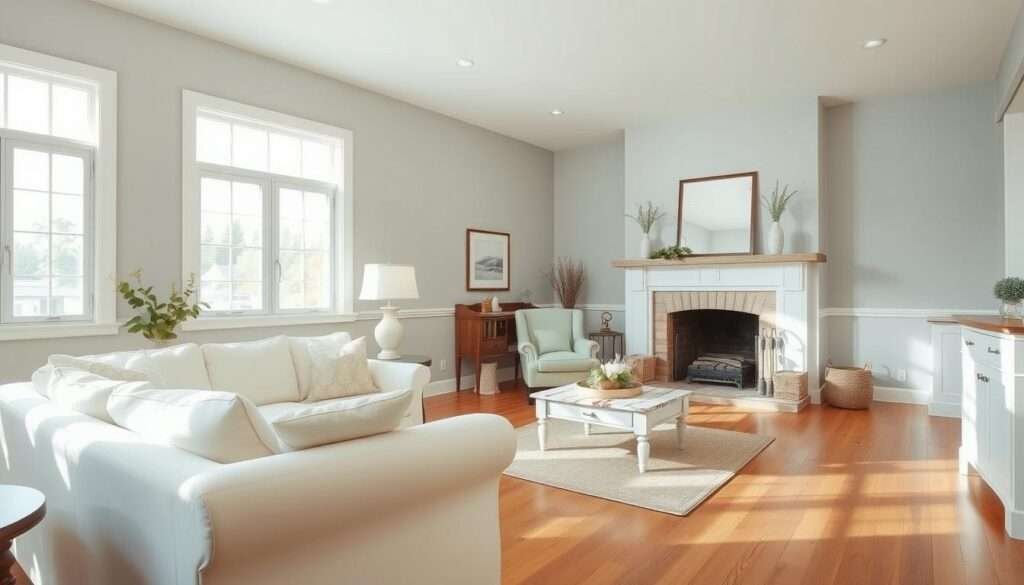 A bright, airy living room filled with various shades of farmhouse-inspired paint colors. In the foreground, a large, cozy sofa in a soft, creamy white hue sits beneath a large window, allowing natural light to flood the space. On the walls, a soothing, muted gray-blue color creates a calming backdrop, complemented by warm wood tones from the hardwood floors and rustic farmhouse-style furnishings. In the middle ground, a vintage-inspired armchair in a subtle sage green hue adds a touch of character, while a farmhouse-style coffee table with a distressed white finish ties the room together. The background features a fireplace mantle adorned with simple, natural decor, casting a warm glow throughout the space. The overall atmosphere is cozy, inviting, and reflective of the classic farmhouse aesthetic.
