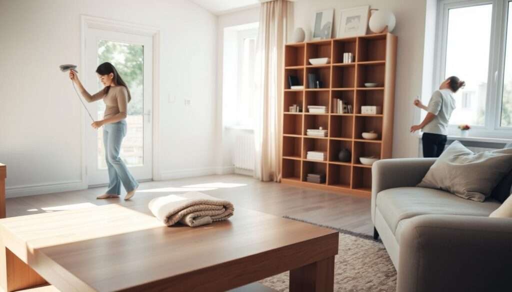 A bright, airy living room with a minimalist aesthetic. In the foreground, a person is dusting a sleek wooden coffee table with a soft cloth, their movements graceful and efficient. On the middle-ground, a person is neatly folding a plush throw blanket, their actions evoking a sense of calm and order. In the background, a person is carefully wiping down a tall, streamlined bookshelf, its shelves adorned with a few carefully curated items. Natural light floods the space, creating a warm, inviting atmosphere. The overall impression is one of simplicity, mindfulness, and a dedication to maintaining a serene, uncluttered environment.
