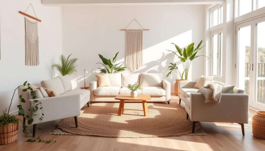 A bright, airy living room with a neutral color palette and natural textures. A large, plush sofa in soft beige anchors the space, flanked by two modern, minimalist armchairs. A woven area rug in muted tones grounds the seating arrangement. Trailing plants and a small wooden coffee table add organic elements. Sunlight streams in through large windows, casting a warm glow over the room. Subtle boho accents, such as a macrame wall hanging and a textured throw blanket, complement the minimalist aesthetic. The overall vibe is calming, inviting, and effortlessly stylish.