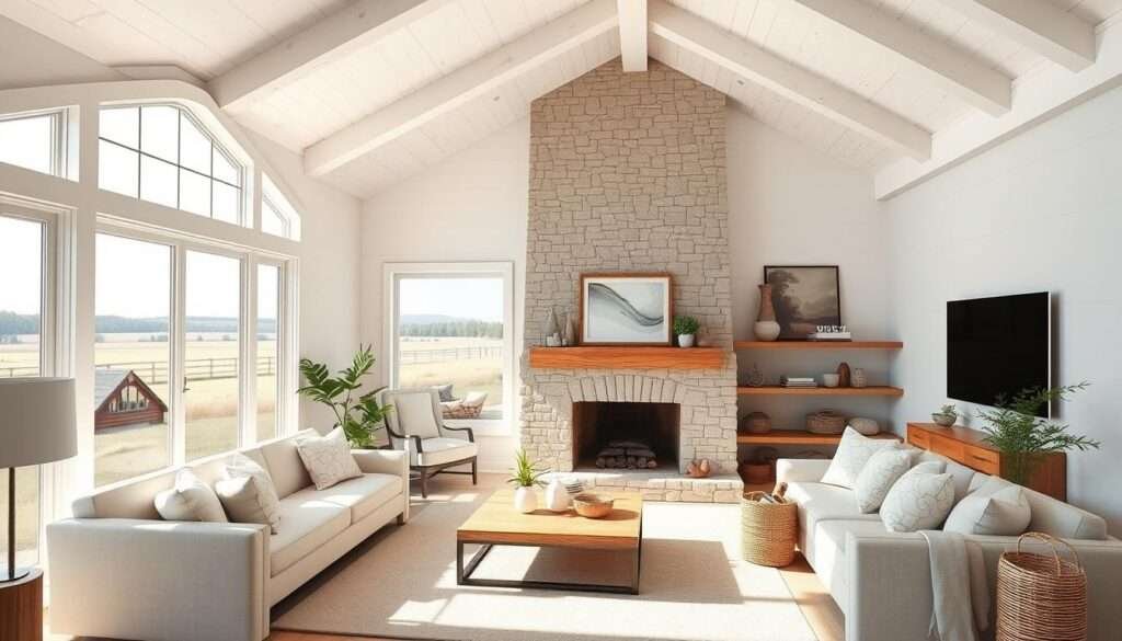 A bright, airy living room with clean, modern lines and cozy farmhouse elements. A large picture window frames a serene rural landscape, bathing the space in warm natural light. Whitewashed wood beams and planks accent the vaulted ceiling, complemented by plush, neutral-toned furnishings. A massive stone fireplace anchors the room, its mantel adorned with rustic décor. Pops of greenery and natural textures, like woven baskets and pottery, lend an organic, inviting feel. The overall atmosphere is one of understated elegance, blending the simplicity of a farmhouse aesthetic with a refined, contemporary sensibility.