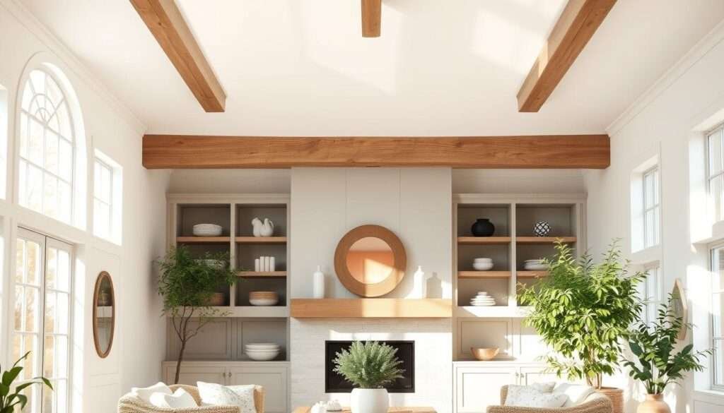 A bright, airy modern farmhouse interior with clean, trim lines and subtle undertones. Warm, natural light floods the space, casting a soft glow on the crisp white walls and ceilings. Rustic wood beams and built-in shelving in a muted grey-brown hue anchor the scene, complementing the neutral palette. Lush greenery and simple decor accents add pops of organic texture. The overall effect is a serene, harmonious atmosphere that embodies the essence of contemporary farmhouse style.