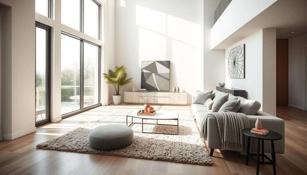 A bright, airy modern living room with clean architectural lines and warm, inviting textures. A large window floods the space with natural light, casting a soft glow on the minimalist furniture. A plush, textured area rug and cozy throw blankets add visual interest and a sense of comfort. Accent pieces like a stylized coffee table and geometric wall decor blend form and function, creating a balanced, visually captivating atmosphere. The overall design exudes a sophisticated, yet approachable ambiance - a perfect blend of modern and cozy.