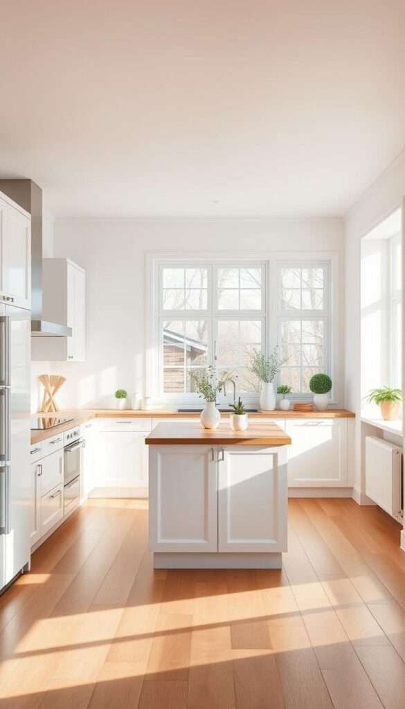 A bright and airy Scandinavian kitchen with pristine white cabinets, clean lines, and a warm, light oak hardwood floor. Sunlight streams through large windows, casting a gentle glow over the minimalist, functional space. The kitchen features sleek, modern appliances and a central island with a wooden countertop, providing ample preparation and dining space. Potted plants and a few carefully curated decor pieces add subtle pops of natural greenery, complementing the earthy tones of the wooden flooring. The overall atmosphere is one of understated elegance, emphasizing the Scandinavian design principles of simplicity, functionality, and a harmonious integration of natural elements.