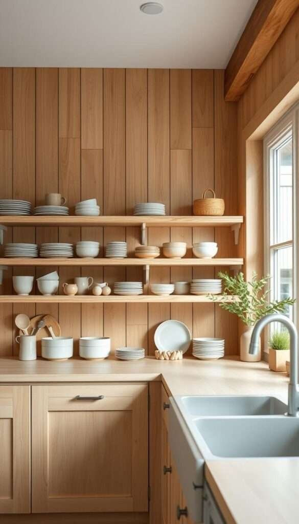A bright and airy Scandinavian-style kitchen with natural wood open shelving showcasing a collection of ceramic dishes. The shelves are made from light-colored wooden planks, creating a warm, rustic ambiance. On the shelves, various ceramic plates, bowls, and mugs in muted earthy tones are neatly arranged, reflecting the simple and functional design aesthetic. Soft, diffused lighting from large windows illuminates the space, casting a gentle glow on the natural materials. The overall scene exudes a sense of calm and balance, prioritizing functionality and emphasizing the beauty of natural elements.