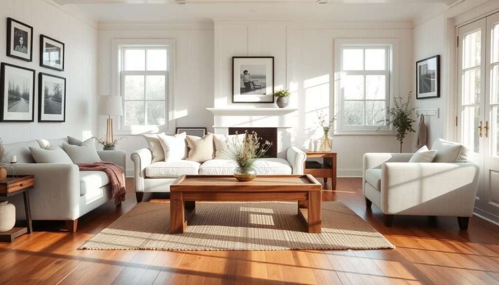 A bright and airy farmhouse living room, bathed in natural light that pours in through large windows. The space is centered around a cozy white sofa, accented with plush throw pillows in soft neutral tones. A rustic wood coffee table sits in the middle, topped with a simple bouquet of wildflowers. On the walls, framed black and white photographs add a touch of vintage charm. The hardwood floors are complemented by a warm, woven area rug. Gentle shadows play across the scene, creating a sense of depth and tranquility. An inviting fireplace with a simple mantel design anchors the room, while a pair of plush armchairs nearby invite relaxation. The overall atmosphere is one of timeless elegance and understated comfort.