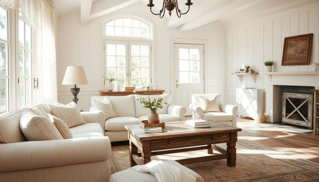 A bright and airy farmhouse-style living room with shades of warm white. Sunlight streams through large windows, casting a soft glow over the space. In the foreground, a cozy linen-upholstered sofa and armchair are arranged around a rustic wooden coffee table. Delicate lace curtains frame the windows, adding a touch of vintage charm. Midground features a reclaimed wood console table with simple decor - a vase of fresh flowers, a stack of books, and a fringed throw. The background showcases whitewashed wood paneling, a fireplace with a classic mantel, and a vintage area rug in muted tones. An overall atmosphere of comfort, tranquility, and timeless elegance.