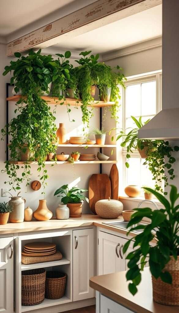 A bright and airy kitchen interior with a rustic open shelving system. Lush, trailing houseplants spill over the edges, creating a lush, organic display. Warm, diffused lighting filters through the windows, casting a soft glow over the scene. The shelves are adorned with a curated selection of earthy ceramics, woven baskets, and natural wood accents, echoing the boho-inspired decor style. The overall atmosphere is one of tranquility and understated elegance, inviting the viewer to imagine themselves relaxing in this serene, plant-filled space.
