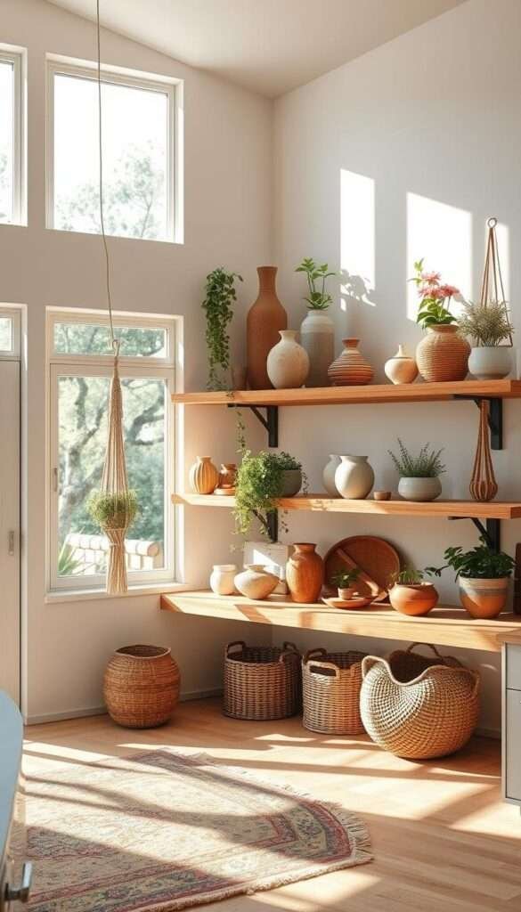 A bright and airy kitchen with natural wood open shelving displaying an eclectic mix of ceramic vases, trailing plants, and rustic pottery. Sunlight filters in through large windows, casting a warm glow on the boho-inspired decor. Woven baskets, macrame plant hangers, and a vintage area rug add layers of texture and warmth. The shelves are styled thoughtfully, creating a harmonious balance of form and function. The overall atmosphere is calming and inviting, reflecting the minimalist yet soulful nature of modern boho design.