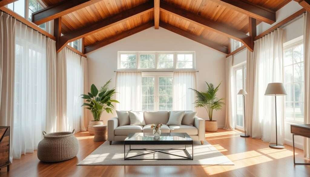 A bright and airy living room, bathed in warm natural light streaming through large windows draped with sheer, flowing curtains. Sunbeams dance across the polished hardwood floors and gleam off the glossy wooden ceiling beams that lend a rustic, cozy charm. A plush, inviting sofa sits centered, flanked by tall potted plants and a glass-topped coffee table, creating an intimate conversation area. Soft, muted tones and natural textures like woven baskets and linen cushions craft a serene, harmonious atmosphere, while strategically placed task lighting and floor lamps accentuate the room's architectural features and create a cozy, welcoming ambiance.