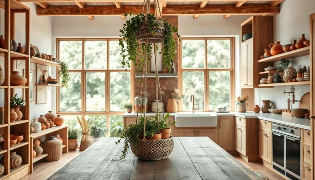 A bright and airy modern boho kitchen, filled with natural light and warm, earthy tones. In the foreground, a large, rustic wooden table with a woven plant holder and a collection of terracotta pots and ceramic vessels. Hanging from the ceiling, a macrame plant hanger cascades with lush greenery. Along the walls, a mix of open shelving displaying an eclectic array of pottery, copper cookware, and vintage-inspired accessories. The middle ground features a sleek, white farmhouse-style sink and a vintage-inspired faucet, flanked by natural wood cabinetry. In the background, large windows offer panoramic views of a lush, verdant outdoor scene, creating a seamless transition between the indoor and outdoor spaces. The overall atmosphere is one of warmth, relaxation, and a touch of boho-chic sophistication.