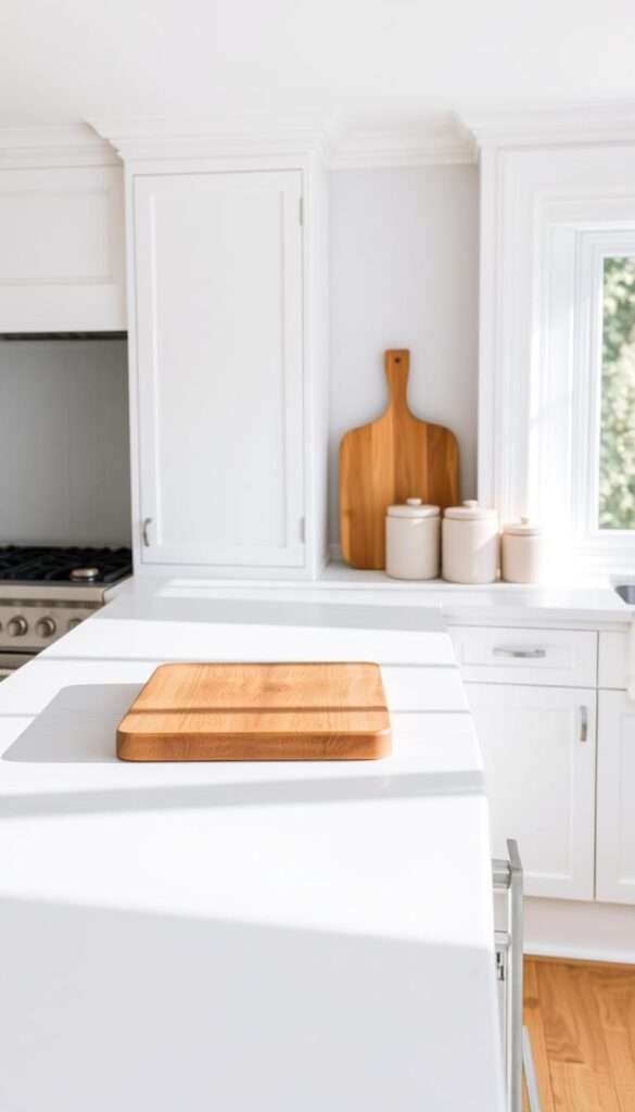 A bright, inviting kitchen scene with crisp, white quartz countertops, a warm wooden cutting board, and sleek ceramic canisters. The counters are bathed in soft, natural light, creating a clean, airy atmosphere. The cutting board sits atop the counter, its rich, grainy texture complementing the smooth, pristine quartz. Neatly arranged ceramic canisters in muted tones add a touch of elegant simplicity, hinting at the kitchen's functionality. The overall composition exudes a sense of thoughtful, minimalist style, perfectly capturing the essence of a cozy, yet refined kitchen.