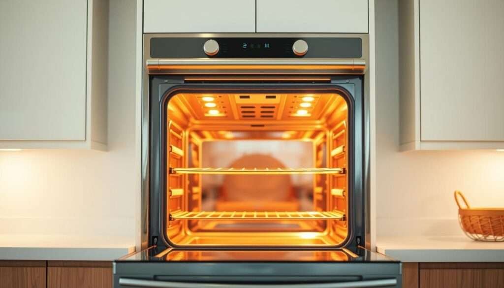 A bright, modern kitchen interior with a sleek, stainless steel oven taking center stage. The oven door is open, revealing the warm, golden glow of its preheated interior. Soft, diffused lighting casts a cozy ambiance, complementing the clean, minimalist aesthetic of the surrounding countertops and cabinets. The scene evokes a sense of anticipation, as if the viewer is about to embark on a baking adventure, ready to create delectable, bakery-style treats with a crackly, irresistible top.