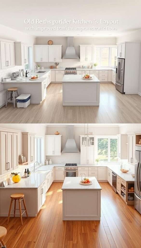 A bright, modern kitchen layout featuring a U-shaped counter arrangement with improved traffic flow. The foreground showcases the old, overcrowded layout with narrow walkways and cluttered countertops. In the middle ground, the new layout reveals a more open, efficient design with ample counter space and clear circulation paths. The background highlights the kitchen's airy, minimalist aesthetic, with natural lighting streaming in through large windows. Rendered in a detailed, photorealistic style with a warm, inviting color palette to emphasize the contrast between the two layouts.