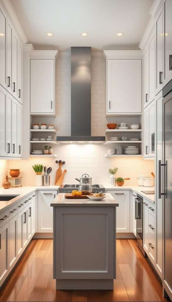 A bright, modern kitchen with abundant vertical storage. Sleek, white cabinets line the walls, complemented by streamlined cabinet organizers that maximize space. Ample shelving showcases neatly arranged cooking essentials, while a central island provides additional storage and a clean, minimalist aesthetic. Warm, directional lighting casts a cozy glow, highlighting the seamless integration of form and function. The scene exudes a sense of order and efficiency, inspiring a revitalized, clutter-free cooking environment.