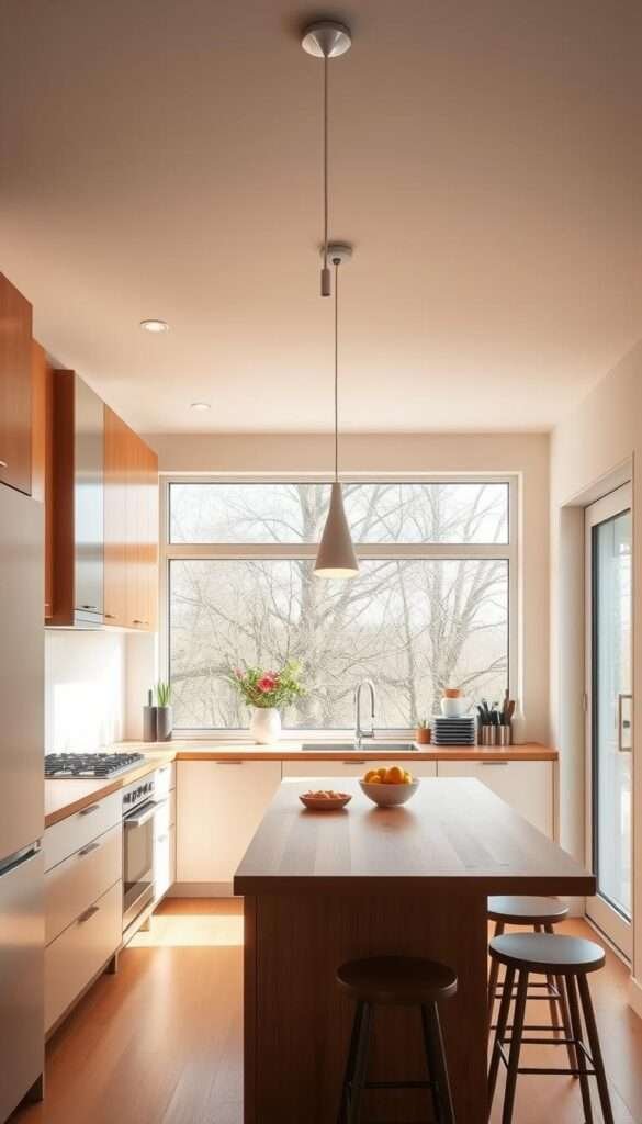A bright, modern small kitchen with sleek, minimalist cabinetry and countertops in a warm wood tone. The layout maximizes workflow, with a central island providing ample prep space and storage. Minimalist pendant lighting casts a soft glow, complemented by large windows that flood the space with natural light. Appliances are seamlessly integrated, creating a harmonious, uncluttered aesthetic. The kitchen is a functional yet cozy culinary sanctuary, reflecting the owner's passion for cooking and entertaining.