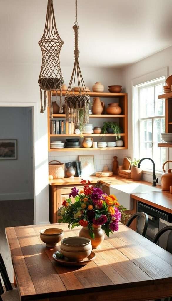 A bright, sun-drenched boho kitchen with a rustic farmhouse charm. In the foreground, a wooden kitchen table is adorned with a vibrant floral centerpiece and an assortment of earthy ceramics. Hanging overhead, macrame plant holders sway gently, casting intricate shadows on the pale walls. The middle ground features an open shelving unit displaying an eclectic mix of cookbooks, woven baskets, and decorative pottery. In the background, a large window floods the space with natural light, highlighting the warm wood tones and textured surfaces throughout the room. The overall atmosphere is one of laid-back sophistication, with a harmonious blend of patterns, textures, and hues that evoke a sense of comfort and creativity.