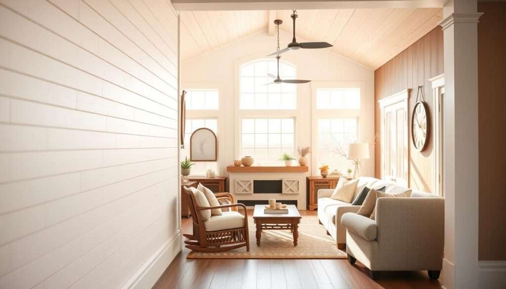 A bright, well-lit farmhouse interior with a prominent white shiplap wall in the foreground. The shiplap has a clean, textured finish that reflects the natural light streaming in through large windows. The wall extends into the middle ground, creating a sense of depth and leading the eye towards a cozy seating area furnished with neutral-toned upholstery and wooden accents. The background features warm, earthy tones that complement the overall farmhouse aesthetic. The lighting is soft and diffused, creating a warm, inviting atmosphere. The camera angle is slightly elevated, providing a balanced, harmonious composition.