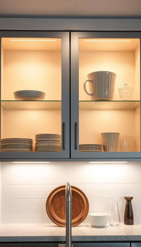 A bright, well-lit kitchen interior with glass-fronted cabinets showcasing a carefully curated selection of dinnerware. Soft, warm LED lighting emanates from the cabinet interiors, creating a cozy, inviting ambiance. The cabinets are made of sleek, modern materials like brushed steel or wood, complementing the kitchen's overall design aesthetic. Carefully arranged plates, bowls, and glassware are visible through the transparent glass, highlighting their elegant forms and textures. The overall composition emphasizes the beauty and functionality of the glass-fronted cabinetry, creating a visually appealing and practical display of the homeowner's dishware collection.
