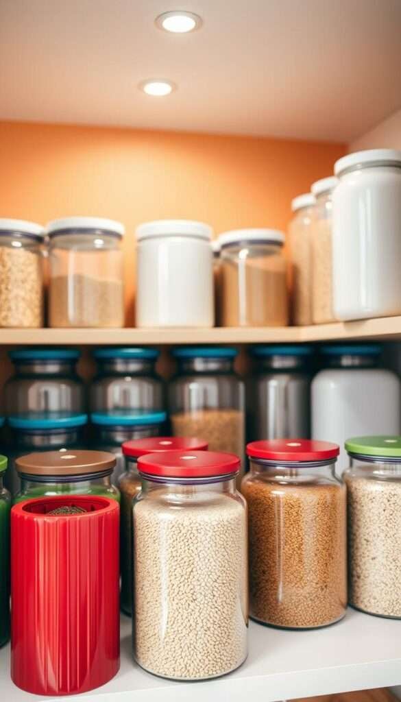 A bright, well-lit kitchen pantry shelf displaying an organized array of color-coded glass canisters filled with various grains. The foreground features several cylindrical canisters with airtight lids in shades of red, green, and blue, neatly arranged in a symmetrical pattern. The middle ground showcases additional canisters in neutral tones like white and clear, allowing the contents to be easily visible. The background subtly fades into a soft, warm-toned wall, emphasizing the clean, minimalist aesthetic. Soft, diffused lighting from above casts a gentle glow, highlighting the textures and colors of the canisters. The overall composition conveys a sense of order, efficiency, and practical kitchen organization.