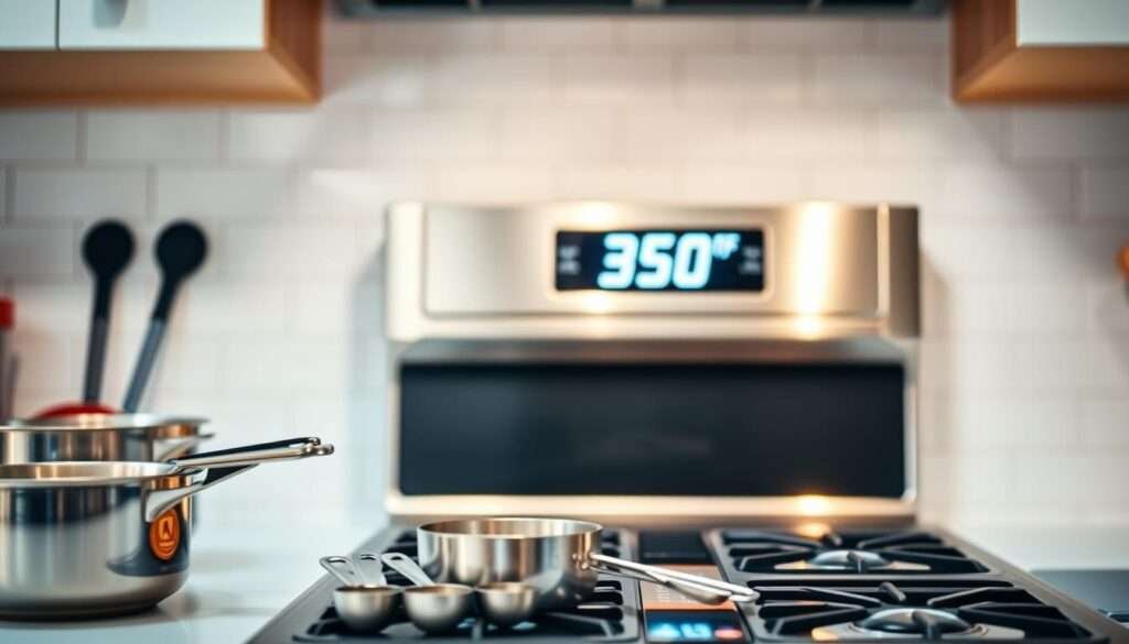A brightly lit kitchen countertop with a stainless steel oven, its digital display showing "350°F". In the foreground, a set of measuring cups and spoons, conveying a sense of culinary preparation. The background features a clean, minimalist tiled backsplash, enhancing the focused attention on the oven's central role in the baking process. Soft, even lighting casts a warm glow, creating an inviting atmosphere that evokes the comforting aroma of a freshly baked dish. The overall composition suggests a methodical, step-by-step approach to a delicious baking project.