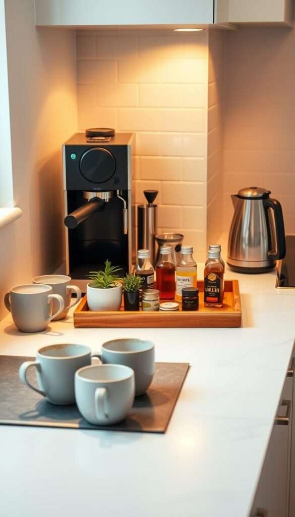 A brightly lit, modern kitchen countertop showcasing a dedicated beverage preparation area. The foreground features a sleek espresso machine, a kettle, and a selection of artisanal mugs arranged neatly. The middle ground displays a wooden tray with various syrups, spices, and a small plant, creating a visually appealing and organized setup. The background reveals a minimalist tile backsplash, complementing the overall clean and efficient design. Warm, diffused lighting illuminates the scene, casting subtle shadows and highlighting the textures of the materials. The composition emphasizes the thoughtful curation of this specialized zone, inspiring productivity and culinary inspiration in the heart of a compact kitchen.