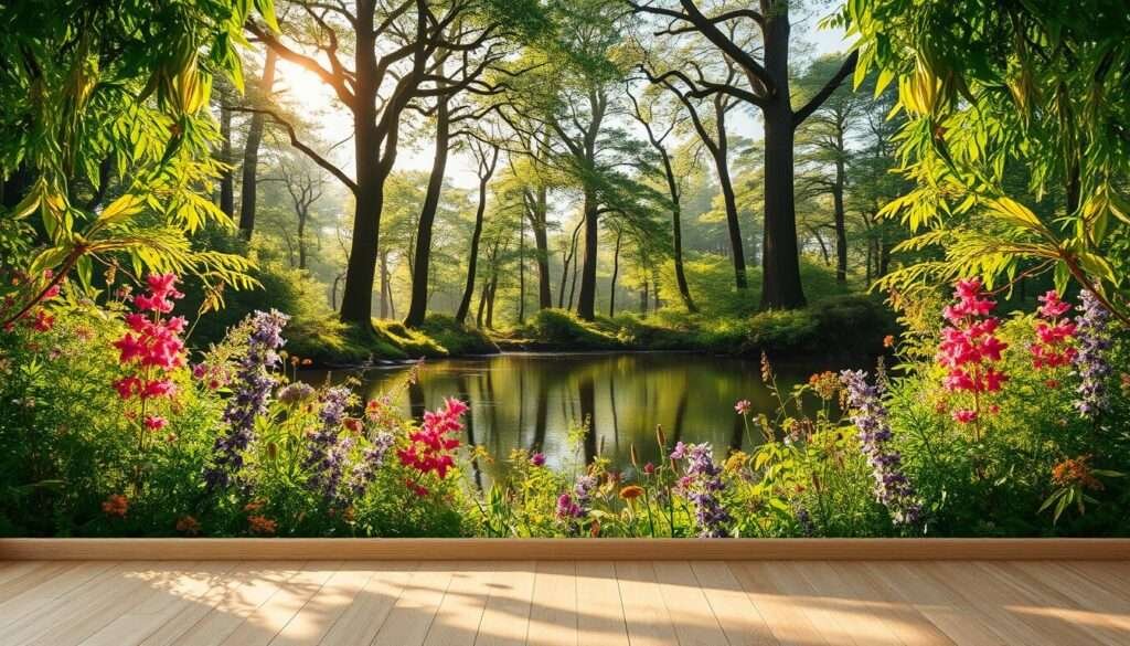 A captivating wall mural featuring a lush, botanical landscape. In the foreground, vibrant wildflowers and verdant foliage cascade across the surface, creating a captivating, nature-inspired pattern. The middle ground showcases a serene, wooded scene with towering trees and dappled sunlight filtering through the canopy. In the background, a tranquil body of water reflects the surrounding natural elements, evoking a sense of calming harmony. The lighting is soft and diffused, casting a warm, golden glow that enhances the organic textures and earthy color palette. Captured through a wide-angle lens, the composition offers a panoramic, immersive view of this natural oasis, inviting the viewer to step into the serene, biophilic atmosphere.