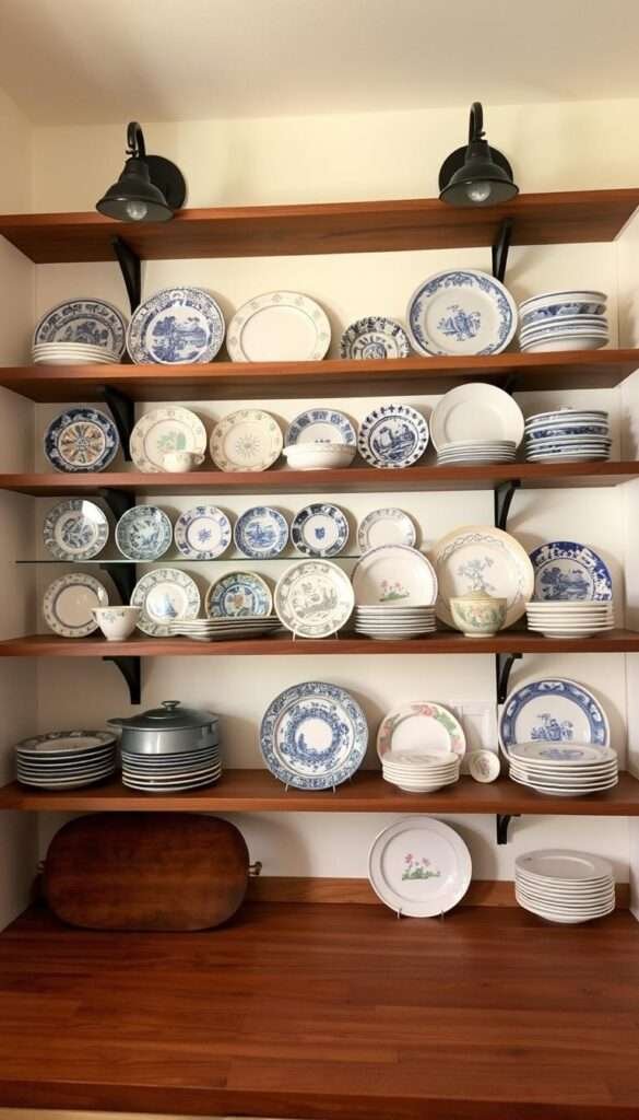 A carefully curated vintage plate collection is displayed on custom-spaced open shelves, creating a visually striking and harmonious composition. The shelves are arranged in a playful, asymmetric layout, resembling a game of Tetris. Warm, soft lighting from sconces above casts a cozy glow, highlighting the intricate patterns and colors of the ceramic plates. The shelves are made of rustic, weathered wood, adding a touch of farmhouse charm to the scene. The arrangement is both practical and aesthetically pleasing, perfectly showcasing how open shelving can be used to showcase a collection in a small kitchen.