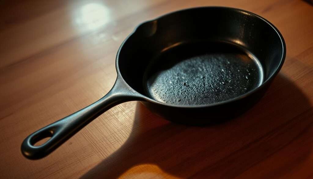 A cast-iron skillet resting on a wooden surface, its dark, well-seasoned exterior reflecting the warm, ambient lighting. The skillet is cast in a slight shadow, creating depth and dimension. The handle is angled elegantly, inviting the viewer to imagine grasping it and placing the skillet on the stove. The surface around the skillet is clean and uncluttered, allowing the tool to take center stage as the protagonist of the scene. The overall mood is one of rustic simplicity, conveying the idea of a well-equipped kitchen ready to facilitate the creation of a delicious meal.